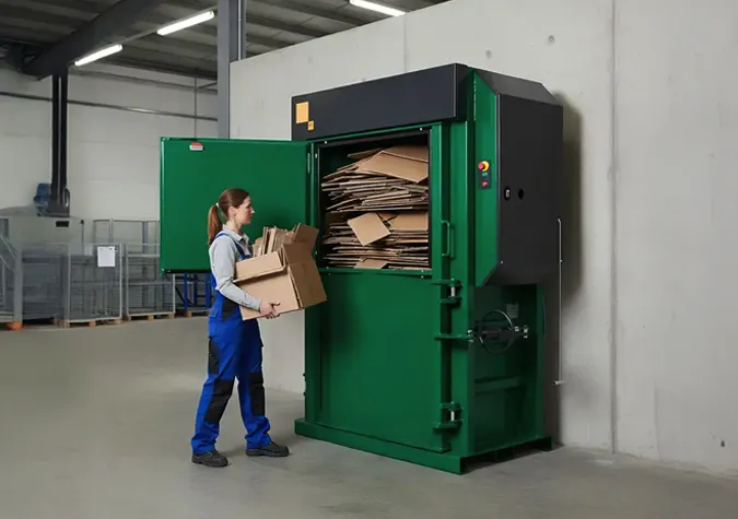 Worker loading cardboard into green baler machine.
