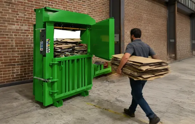 Worker loading cardboard into green baler machine.